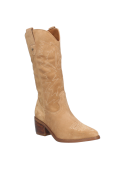 Bota vaquera camel de cuero para mujer, con bordados zigzagueantes y curvas, ideal para un estilo Western chic.