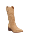 Bota vaquera camel de cuero para mujer, con bordados zigzagueantes y curvas, ideal para un estilo Western chic.