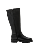 Bota negra de cuero para mujer, estilo casual y elegante, ideal para ocasiones formales e informales.