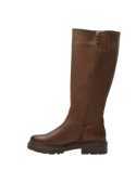 Bota de cuero café para mujer, robusta pero estilizada, proporciona comodidad y estabilidad al caminar en diversas ocasiones.