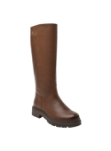 Elegante bota de cuero café para mujer, con cierre lateral y suela gruesa, perfecta para climas fríos o lluviosos.