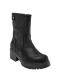 Bota negra de mujer con tacón cuadrado medio, suela antideslizante y costuras visibles para un look casual chic.