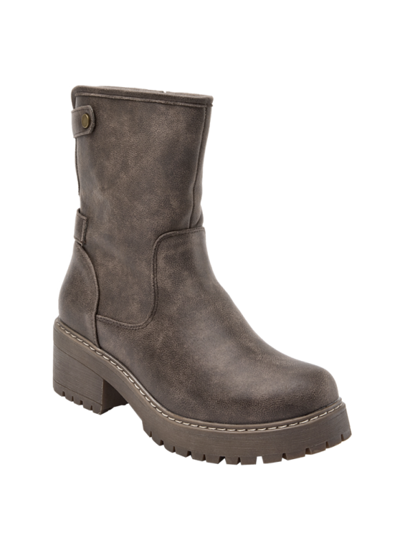 Bota negra de mujer con tacón cuadrado medio, suela antideslizante y costuras visibles para un look casual chic.