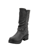 Bota urbana gris con estilo rockero, cierre lateral y plataforma, adecuada para climas frescos y salidas informales.