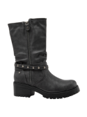 Bota gris casual para mujer con detalle de tachas metálicas, caña media y cierre lateral, ideal para un look urbano.