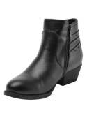 Botín sintético negro de mujer, ideal para combinar con jeans ajustados o vestidos midi, ofreciendo versatilidad y estilo.