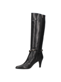 Bota negra de cuero para mujer con taco aguja de 7.5 cm, ideal para un estilo casual elegante.