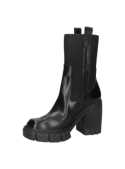 Bota negra de cuero para mujer, casual, caña alta y elástica, ideal para climas urbanos.