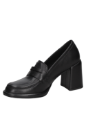 Zapato negro de cuero para mujer, estilo casual tipo mocasín con tacón cuadrado, ideal para ocasiones semiformal.