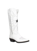 Elegante bota vaquera de cuero blanco para mujer, con detalles distintivos y construcción duradera para mayor resistencia.