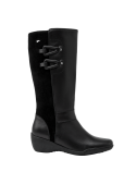 Bota negra casual de cuero para mujer, con diseño elegante y sobrio, perfecta para el estilo urbano funcional.
