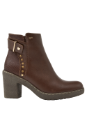 Botín café de cuero para mujer, estilo casual, ideal para invierno, con taco bloque de 8 cm y punta redonda.