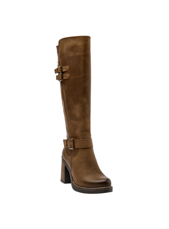 Bota negra de cuero para mujer con diseño casual y elegante, ideal para invierno, con correas y hebillas decorativas.