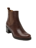 Botín Chelsea café de cuero para mujer con taco bloque de 5.5 cm y punta redonda.