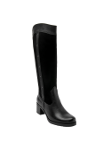 Bota negra de cuero gamuzado para mujer, estilo casual y elegante, ideal para un look urbano moderno.