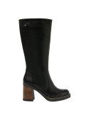 Bota de cuero negro con tacón grueso y altura media, ofrece estabilidad y comodidad, perfecta para eventos formales.