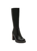 Bota negra de cuero para mujer con diseño elegante y caña alta, ideal para un estilo casual y sofisticado en días frescos.