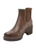 Botín Chelsea café para mujer, diseño clásico con paneles elásticos y tacón cuadrado de altura media.