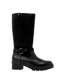 Bota de cuero negro para mujer con detalles de broche en el borde superior, adecuada para un look relajado y sofisticado.