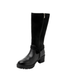 Bota negra de cuero para mujer con diseño casual, textura de gamuza en la parte superior y acabado liso en la inferior.
