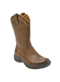Bota vaquera camel de cuero, diseño rústico con patrones en costuras, versátil para looks bohemios y casuales.