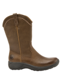 Elegante bota de cuero camel, estilo casual occidental, adecuada para paseos al aire libre y días lluviosos.