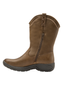 Calzado de cuero camel estilo cowboy, ideal para combinar con jeans o leggins, con detalles de costuras geométricas.