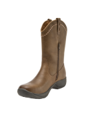 Bota de cuero camel para mujer con diseño clásico vaquero, costuras decorativas y tiradores laterales para fácil calce.