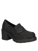 Zapato Pollini J250 de cuero negro con taco bloque, diseñado para la mujer moderna.