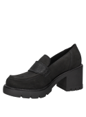 Zapato casual de cuero negro para mujer con taco bloque de 7.5 cm, ideal para oficina y eventos sociales.