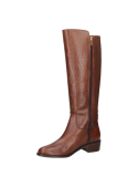 Bota de cuero café para mujer, diseño elegante y clásico hasta la rodilla, con patrón reptil y hebilla ecuestre.