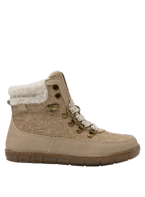 Suela gruesa del botín beige para niña, proporcionando estabilidad y tracción para actividades al aire libre.