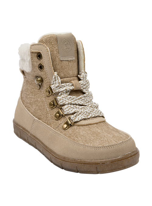 Suela gruesa del botín beige para niña, proporcionando estabilidad y tracción para actividades al aire libre.