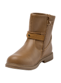 Bota de niña en tono camel, estilo country, con suela robusta y bordado floral que añade elegancia sutil.