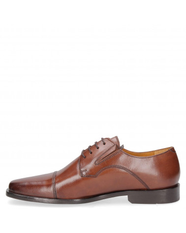 Zapato formal de cuero café para hombre, diseño Derby con costura cap toe, versátil para reuniones y bodas.