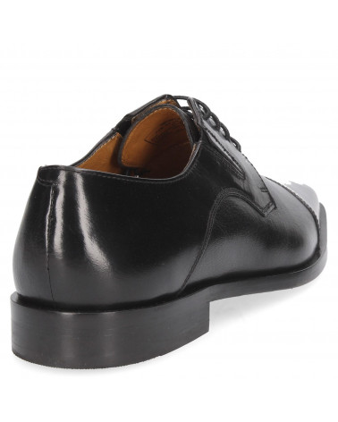 Zapato Derby de cuero negro para hombre, con punta cuadrada y costura cap toe, perfecto para combinar con trajes.