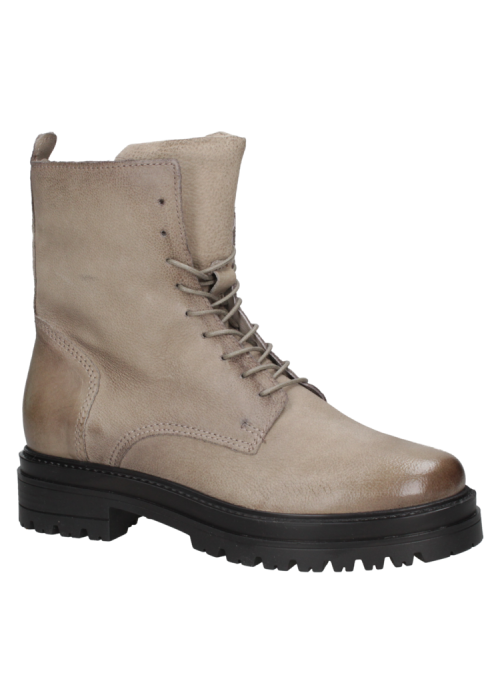 "Botín de cuero taupe para mujer, estilo ""combat"", ideal para combinar con jeans o vestidos en salidas informales. "