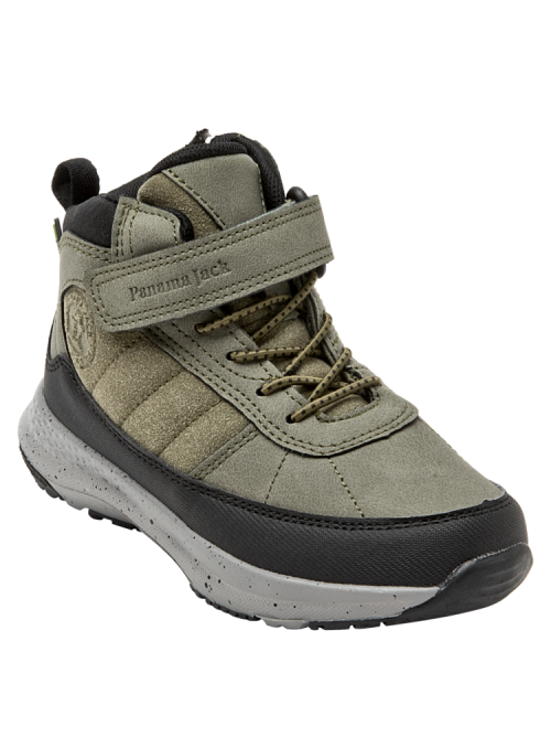 Botín de niño en color oliva con cierre de cordones y velcro, combinación perfecta de estilo casual y funcionalidad.