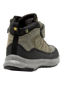 Botín oliva para niño, caña media, cierre velcro, ideal para actividades casuales y al aire libre.