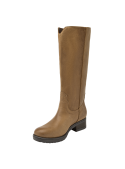 Bota de cuero beige para mujer, caña alta y taco bajo, combina con vestidos largos o jeans ajustados para un estilo bohemio.