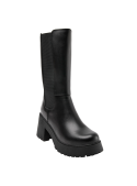 Bota Chelsea negra de cuero y textil, perfecta para looks casuales o bohemios, con diseño minimalista y funcional.