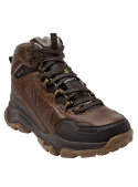 Botín marrón de cuero resistente, adecuado para excursiones, con diseño moderno y detalles técnicos.