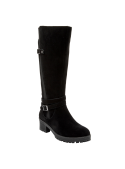 Elegante bota negra de mujer con hebillas metálicas, adecuada para ocasiones casuales y eventos de día.