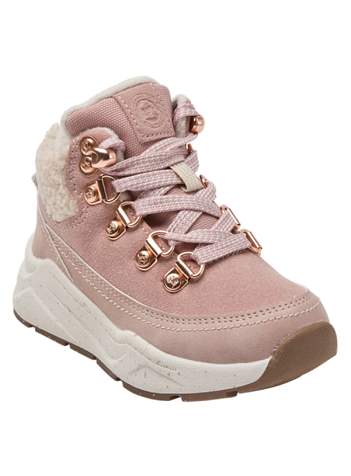 Botín rosado de cuero para niña, combina estilo delicado y durabilidad.