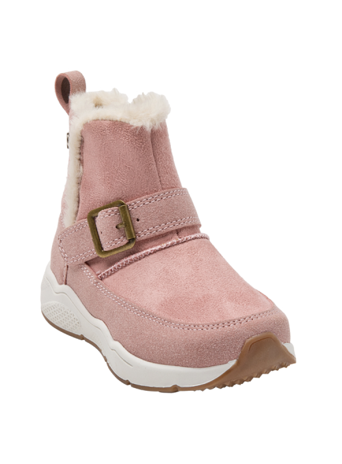 Diseño funcional de bota rosada con borde acogedor de pelo, pensada para actividades escolares en invierno.