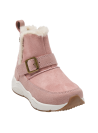 Diseño funcional de bota rosada con borde acogedor de pelo, pensada para actividades escolares en invierno.
