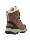 Bota casual color café para niña con diseño robusto, ideal para el frío, confeccionada en material textil similar al cuero.