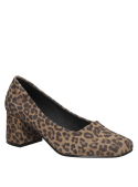 Zapato de mujer en cuero charol animal print con diseño minimalista y taco grueso, ideal para eventos formales y elegantes.
