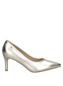 Zapato dorado de cuero para mujer, taco aguja de 7.1 cm, ideal para eventos formales.