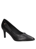 Zapato negro de vestir para mujer en cuero, diseño elegante con taco aguja de 7.1 cm y punta puntiaguda.